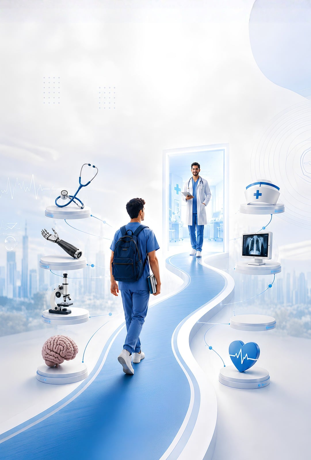 Healthcare student walking toward a clinical career pathway