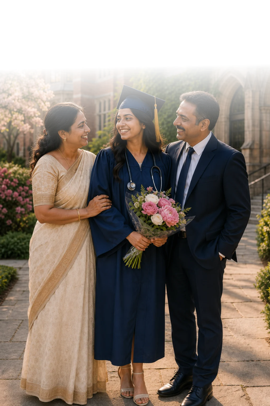 Healthcare graduate celebrating with her family