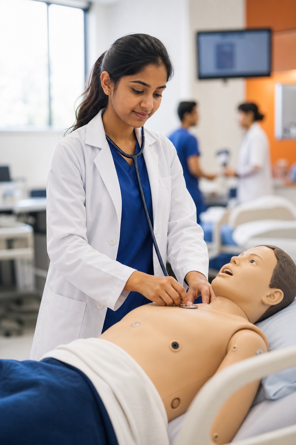 Healthcare student practising hands-on clinical assessment in a simulation lab