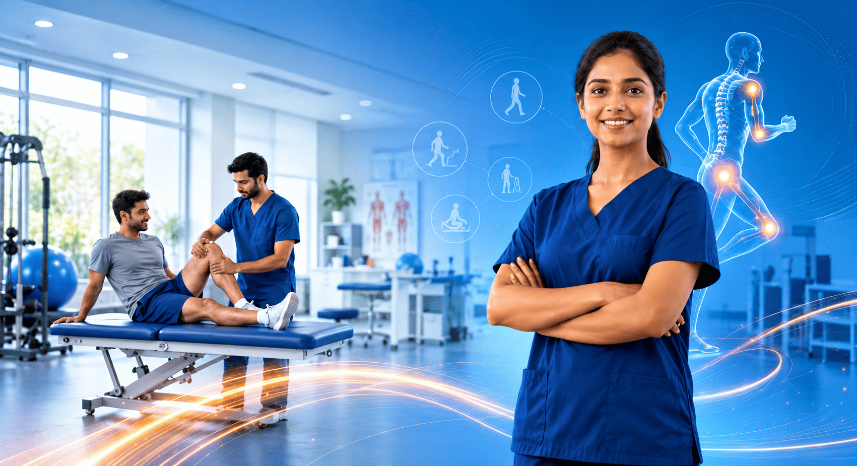Physiotherapy students supporting rehabilitation in a modern therapy lab