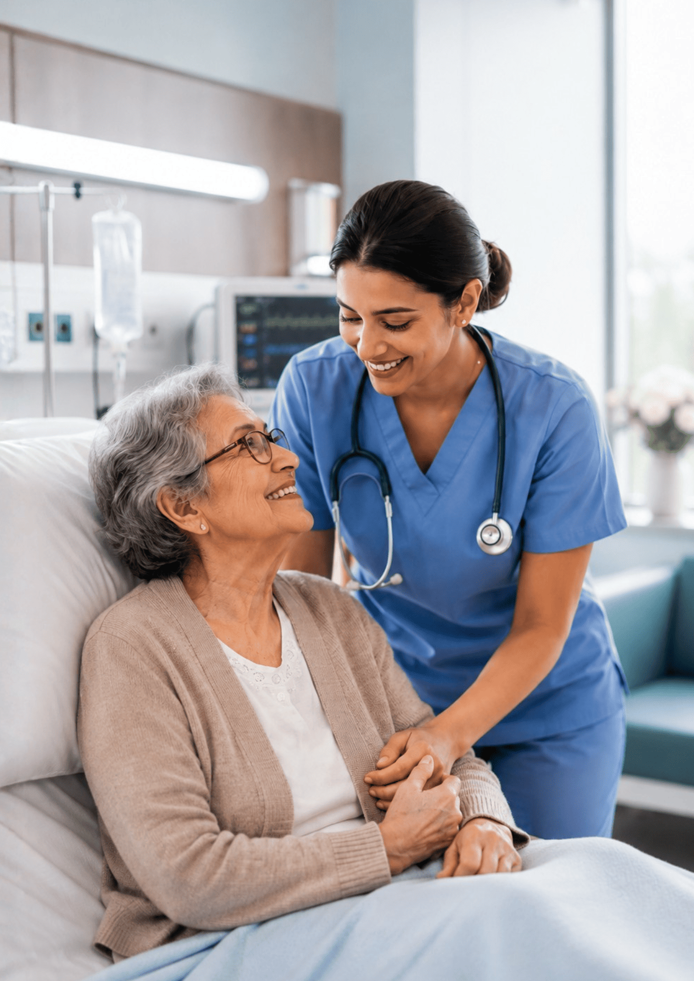 Nursing student providing bedside care to an older patient