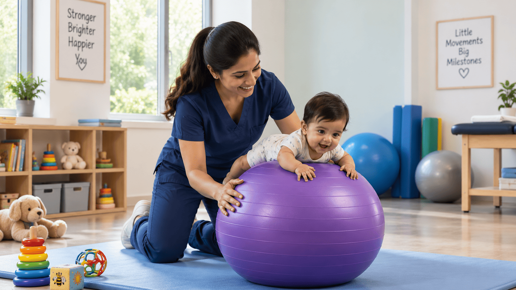 Early-intervention therapist guiding a child through play-based developmental learning