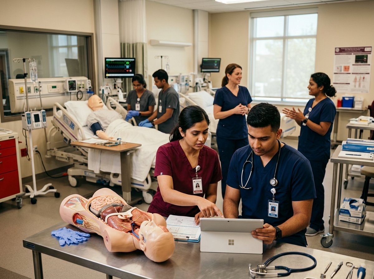 Healthcare students in modern simulation lab studying diagnostics and anatomy